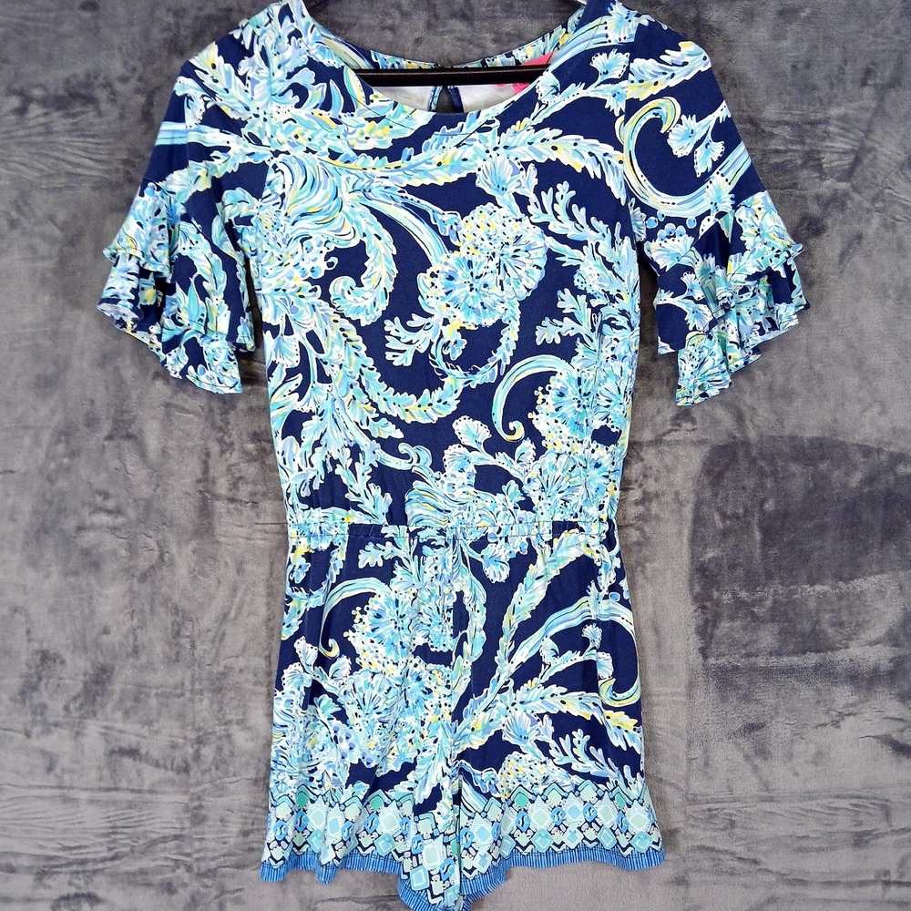 Lilly Pulitzer Romper Womens Small Blue Floral‎ Ruffle Sleeve Stretch Paisley